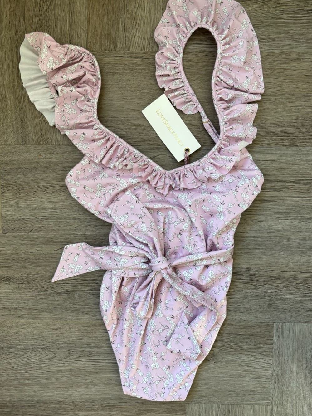 LoveShackFancy Opal Pink Floral Ruffle One-Piece with Waist Tie